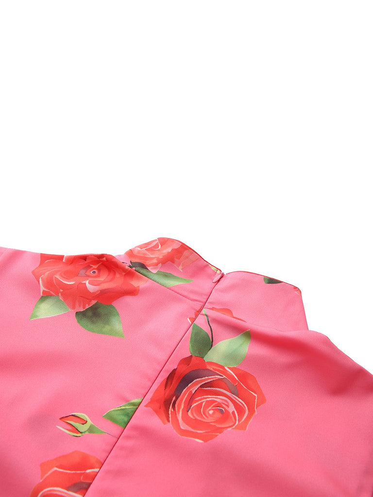 Pink 1930s Rose Ruffle-Sleeve High-Neck Maxi Dress