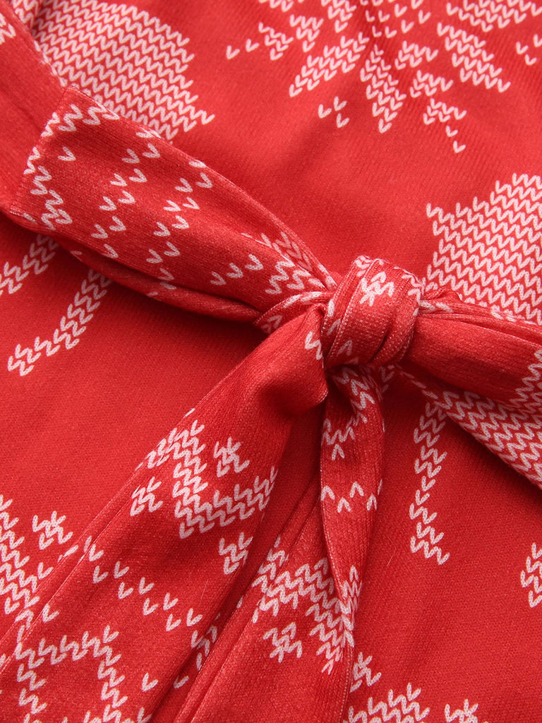 Red 1960s Christmas Reindeer Snowflake Belted Dress