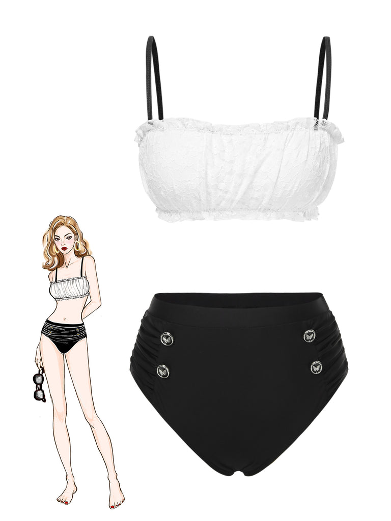 Black & White 1930s Colorblock Lace Bikini Set