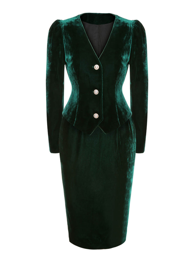 2PCS Green 1960s Velvet Coat & Pencil Skirt