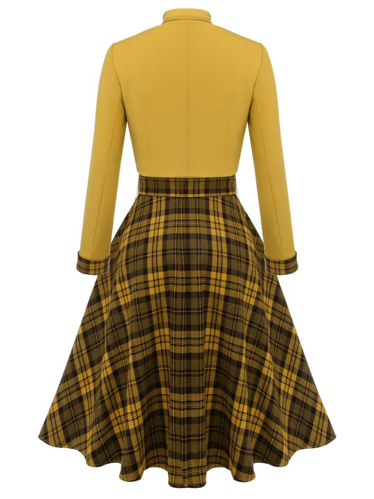 2PCS Yellow 1950s Short Coat & Plaid Dress