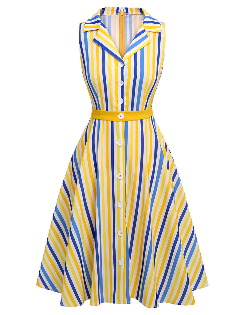 2PCS 1950s Yellow White Blue Striped Romper & Skirt