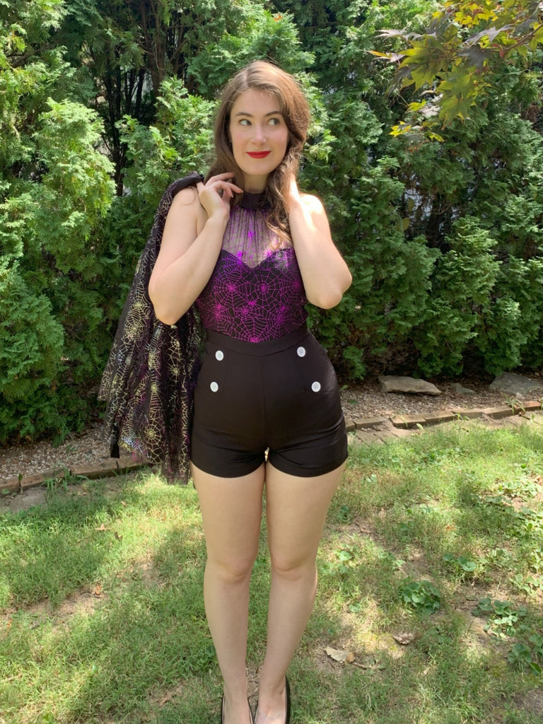 2PCS Black & Purple 1950s Spiderweb Mesh Romper & Skirt Cover-Up