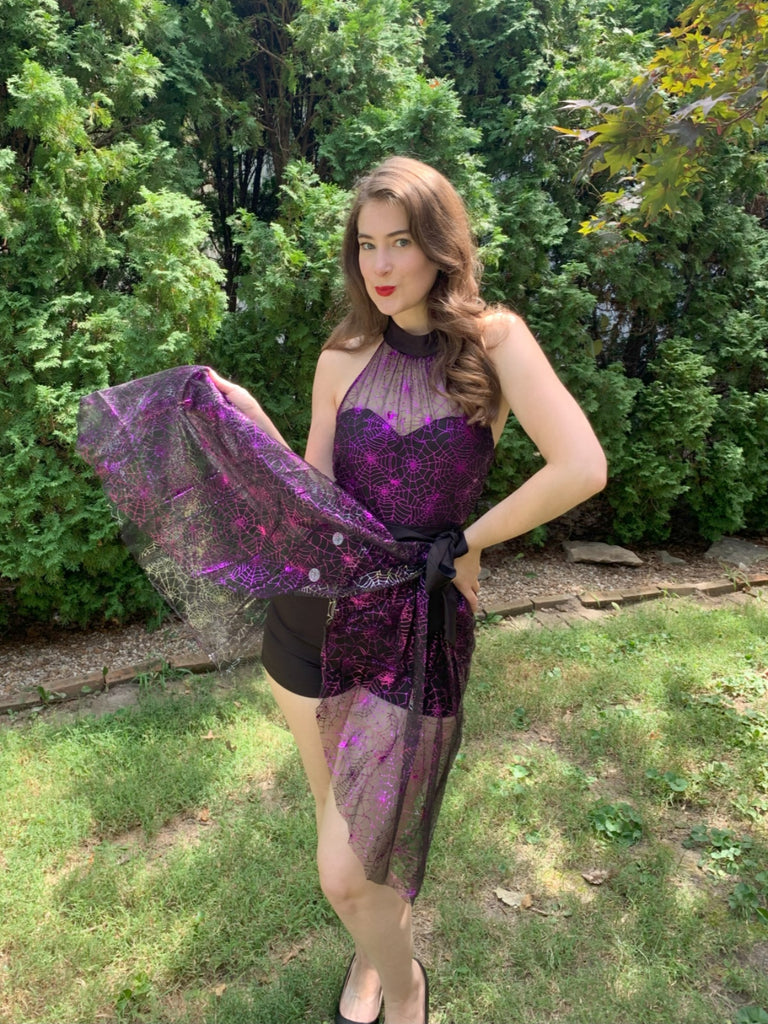 2PCS Black & Purple 1950s Spiderweb Mesh Romper & Skirt Cover-Up