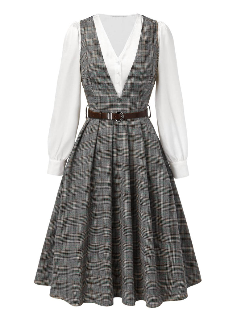 2PCS Grey 1940s V-Neck Plaid Dress & Satin Blouse