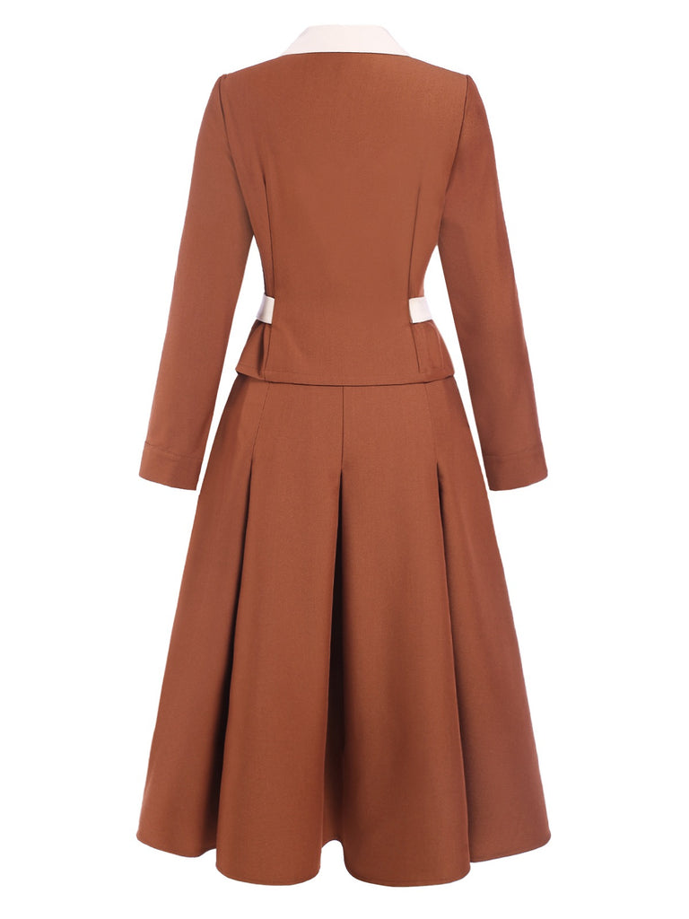 [Pre-Sale] 2PCS Brown 1940s Lapel Coat & Pleated Skirt