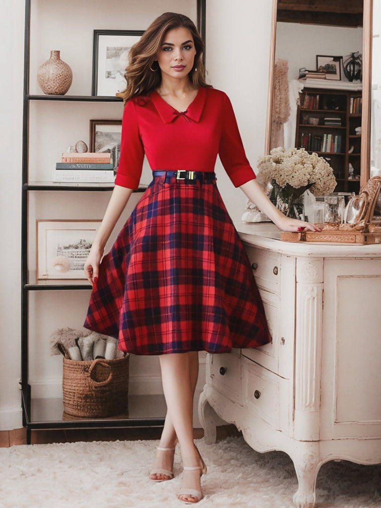 2PCS Red 1940s Lapel Top & Plaid Skirt