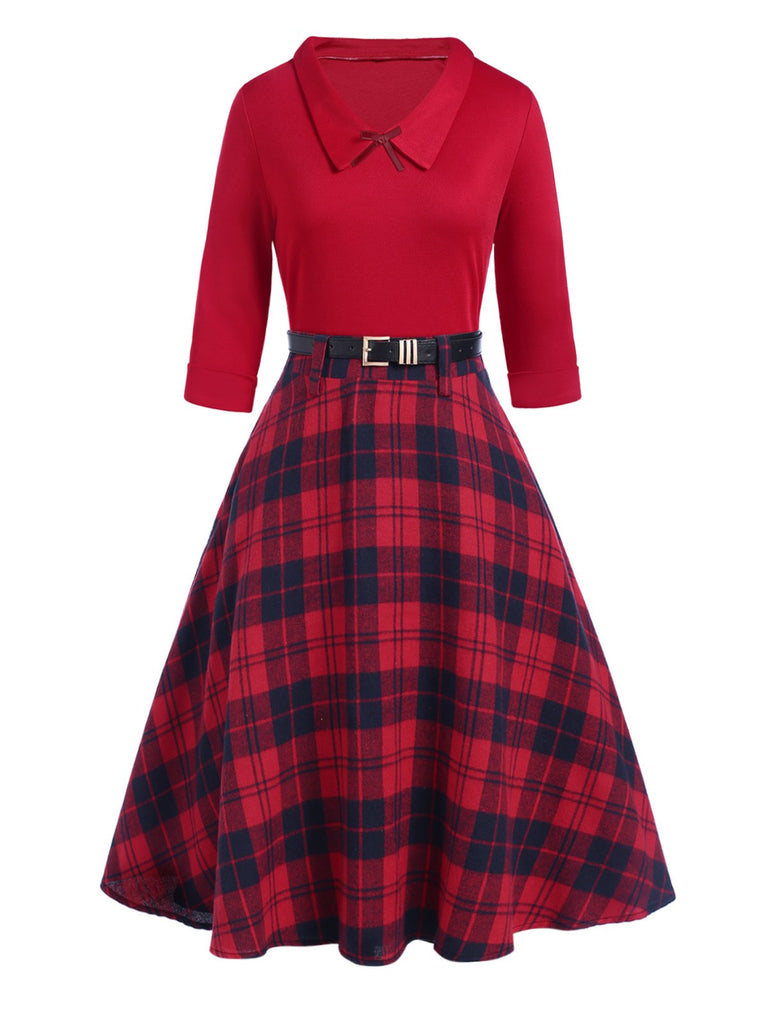 [Pre-Sale] 2PCS Red 1940s Lapel Top & Plaid Skirt