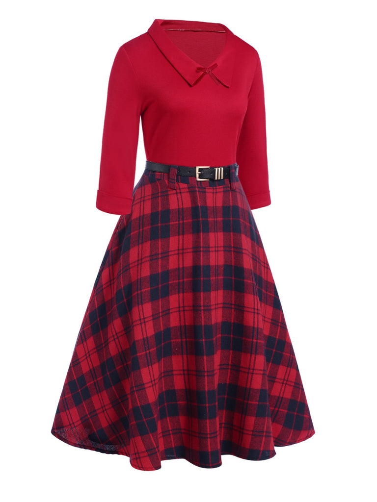 [Pre-Sale] 2PCS Red 1940s Lapel Top & Plaid Skirt