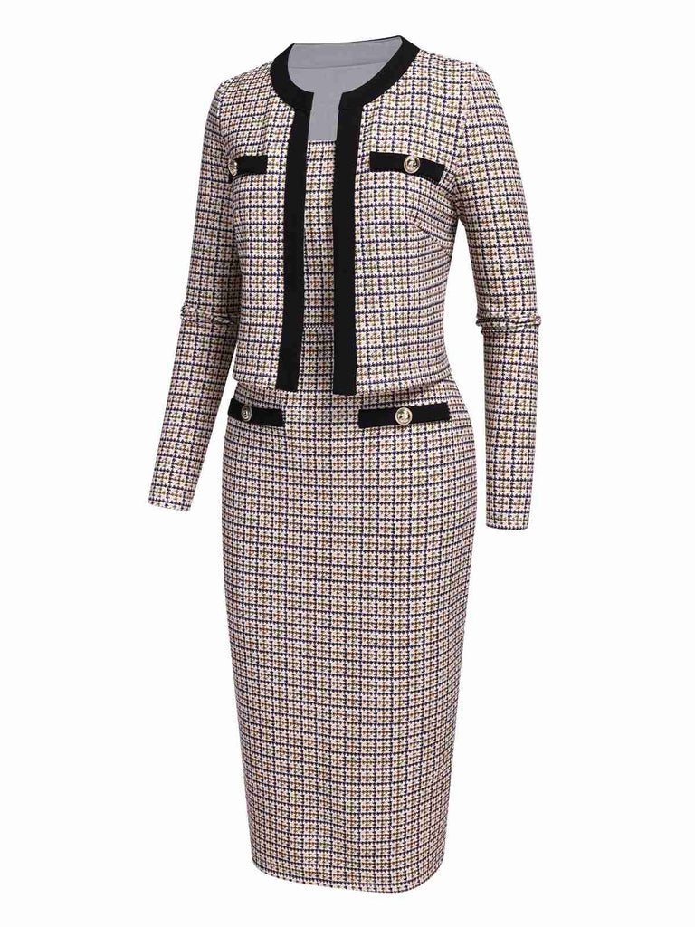 2PCS Beige 1960s Knitted Straps Pencil Dress & Short Coat