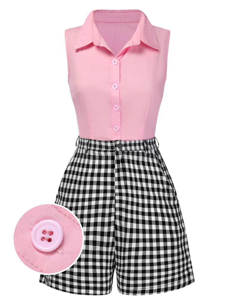 [Pre-Sale] 2PCS Pink & Black 1960s Sleeveless Blouse & Plaid Shorts