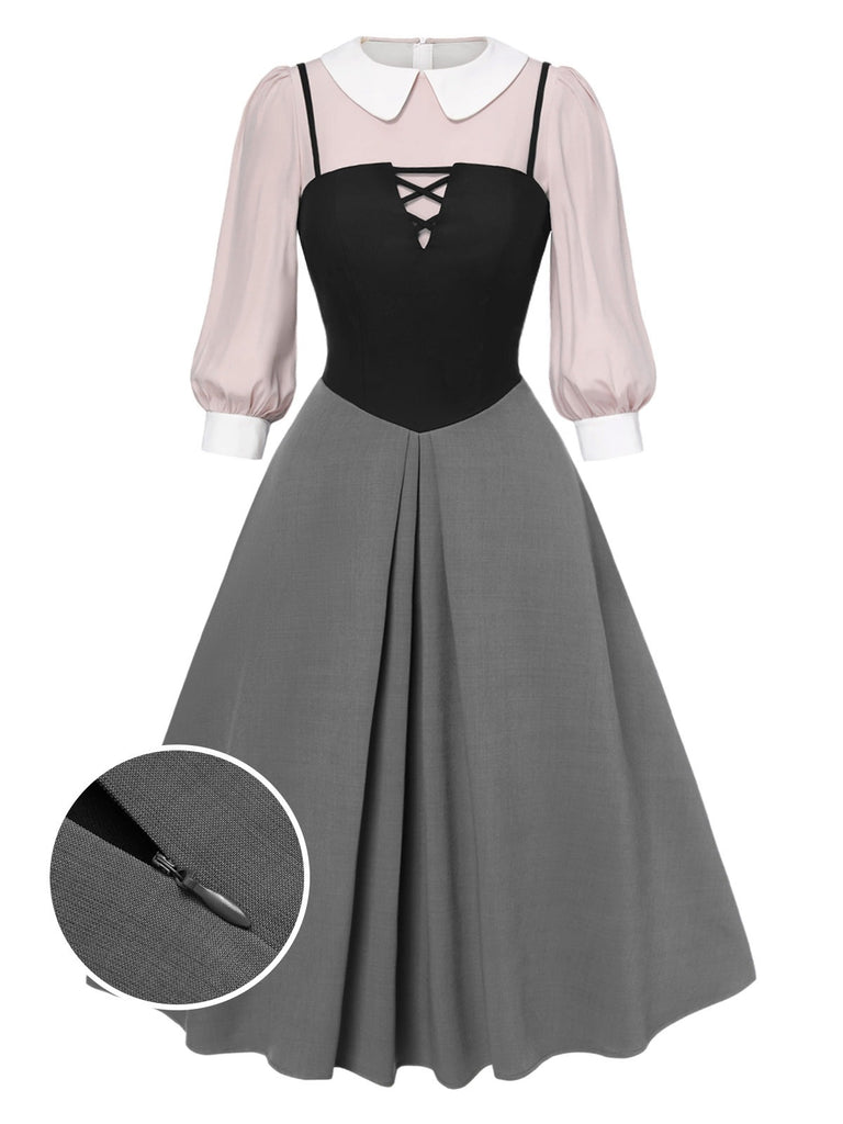 [Pre-Sale] 2PCS 1940s Colorblock Pink Blouse & Gray Dress