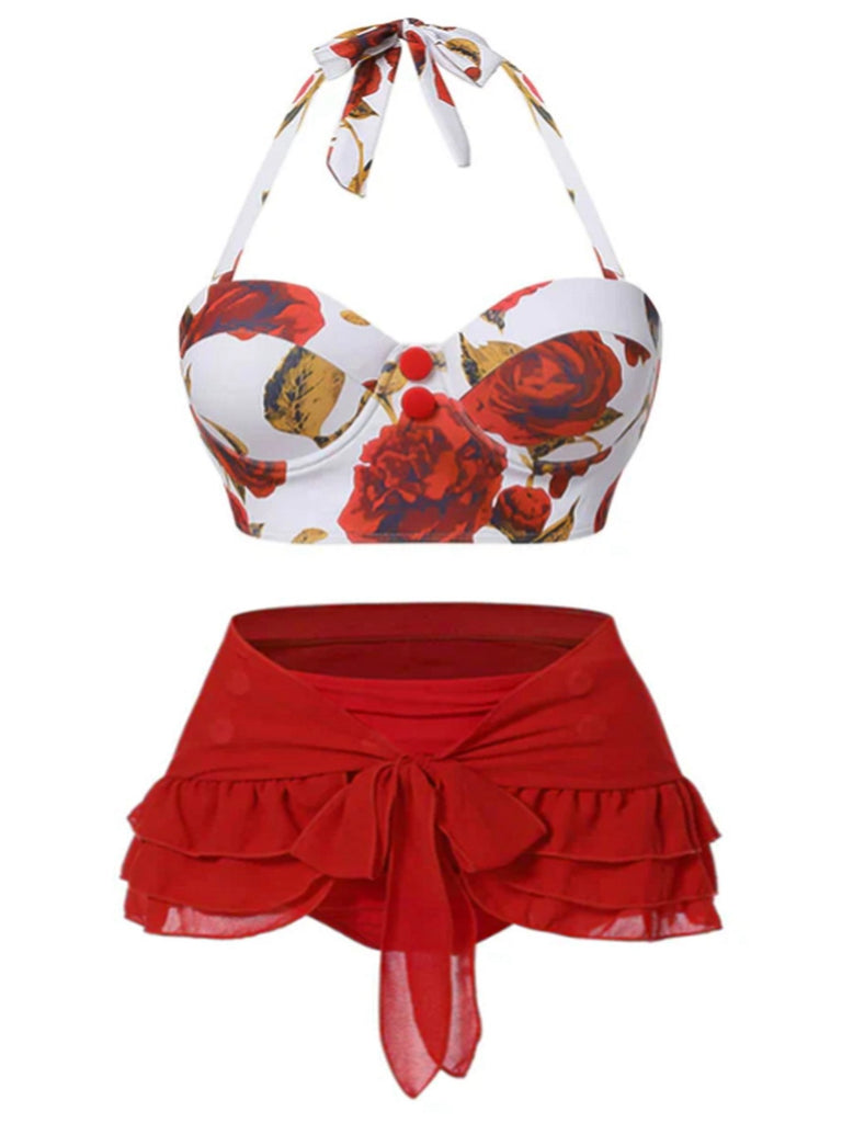 [Plus Size] Red 1960s Roses Halter Bikini & Skirt Cover-Up