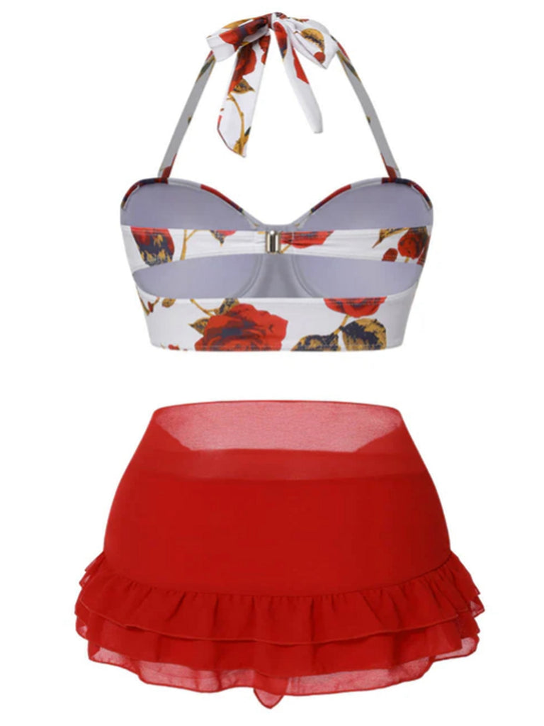 [Plus Size] Red 1960s Roses Halter Bikini & Skirt Cover-Up