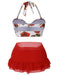 [Plus Size] Red 1960s Roses Halter Bikini & Skirt Cover-Up