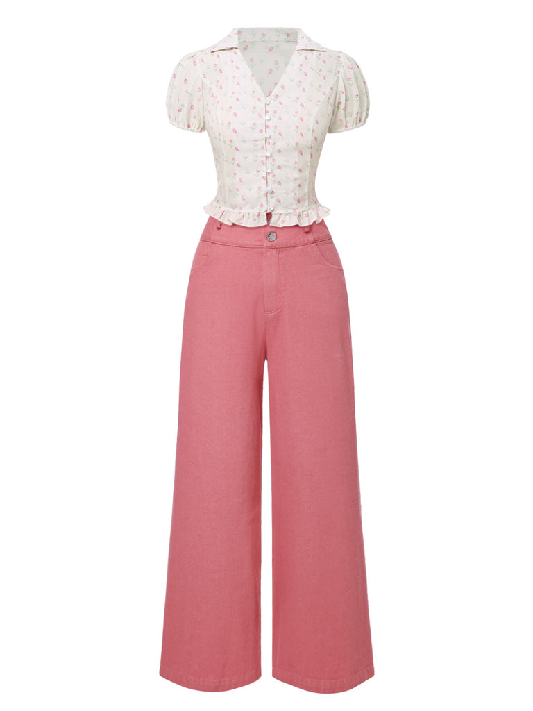2PCS Pink 1950s Tulip Blouse & Rose Button Pants