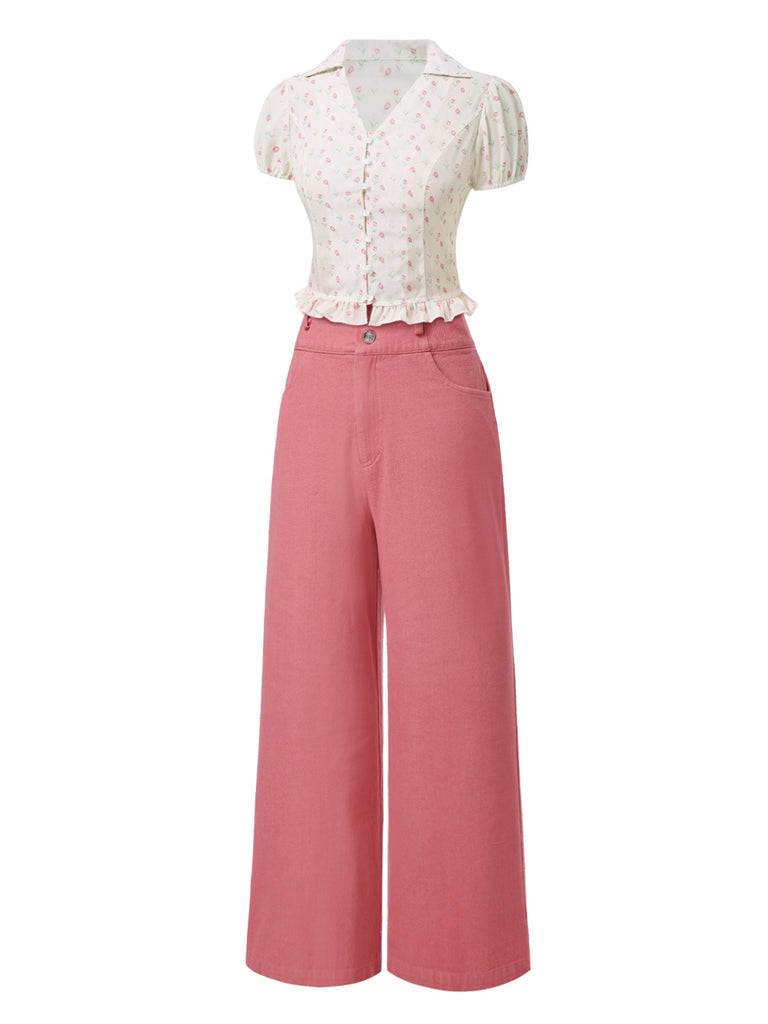 2PCS Pink 1950s Tulip Blouse & Rose Button Pants