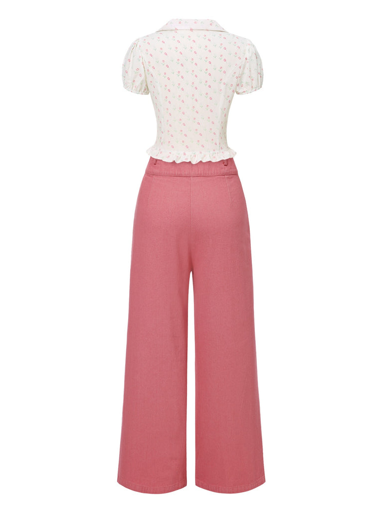 2PCS Pink 1950s Tulip Blouse & Rose Button Pants