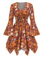 2PCS Orange 1970s Hippie Floral Bell Sleeve Top & Dress