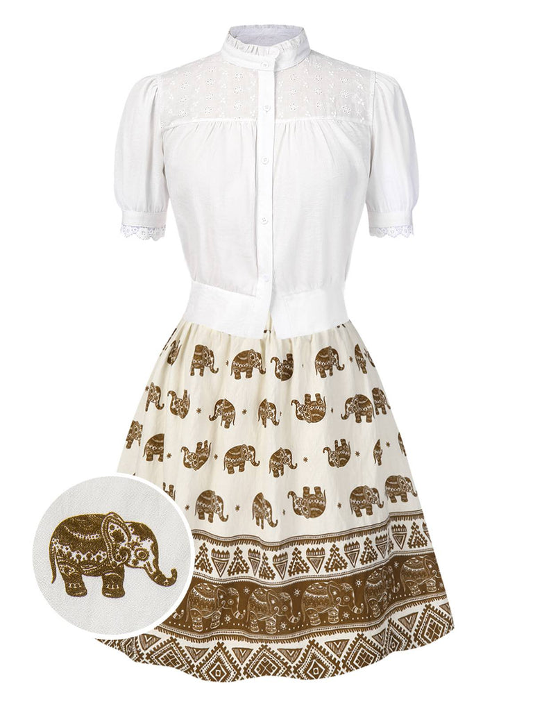 [Pre-Sale] 2PCS 1940s Embroidered Blouse & Elephant Print Skirt