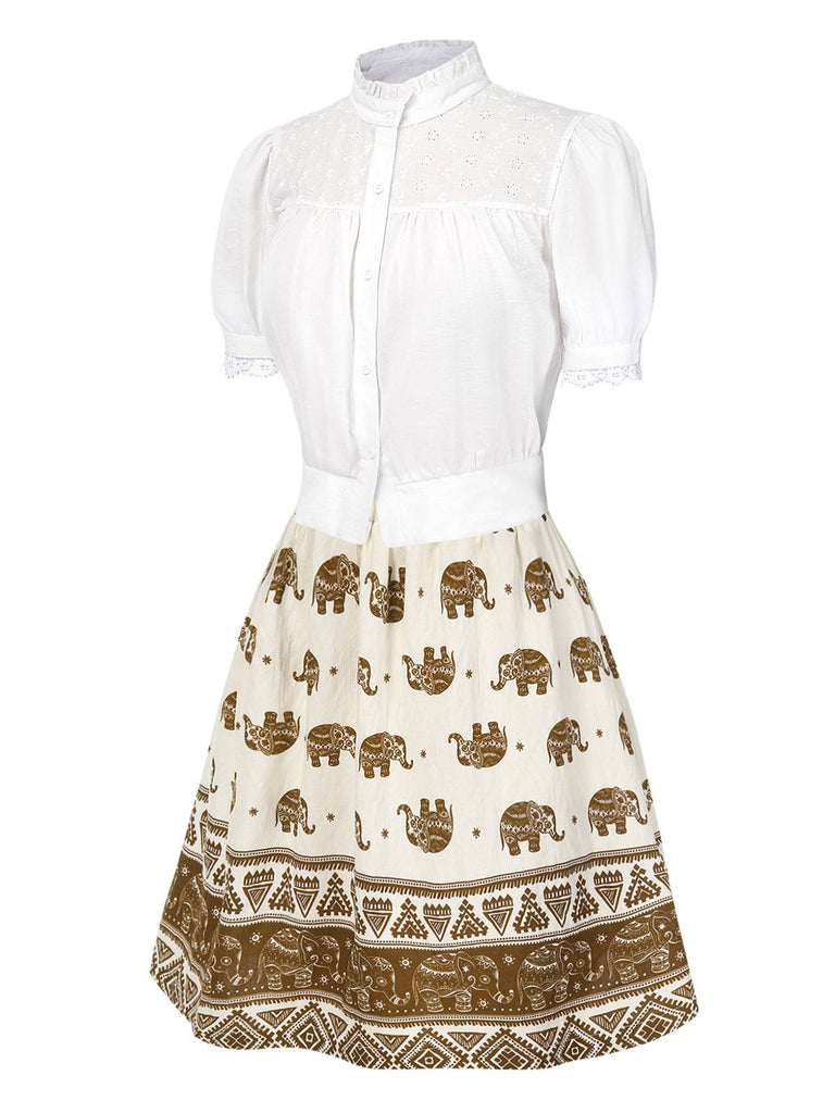 [Pre-Sale] 2PCS 1940s Embroidered Blouse & Elephant Print Skirt