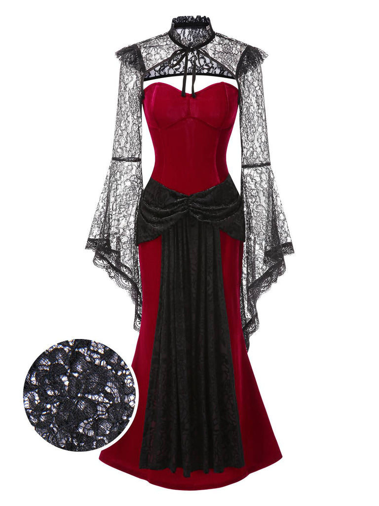 [Pre-Sale] 2PCS Red & Black 1930s Velvet Bandeau Fishtail Dress & Cape