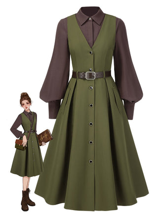 2PCS 1950s Lantern Sleeve Blouse & Pockets Vest Dress