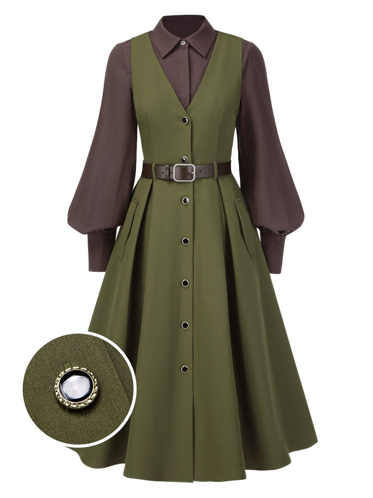 [Pre-Sale] 2PCS 1950s Lantern Sleeve Blouse & Pockets Vest Dress