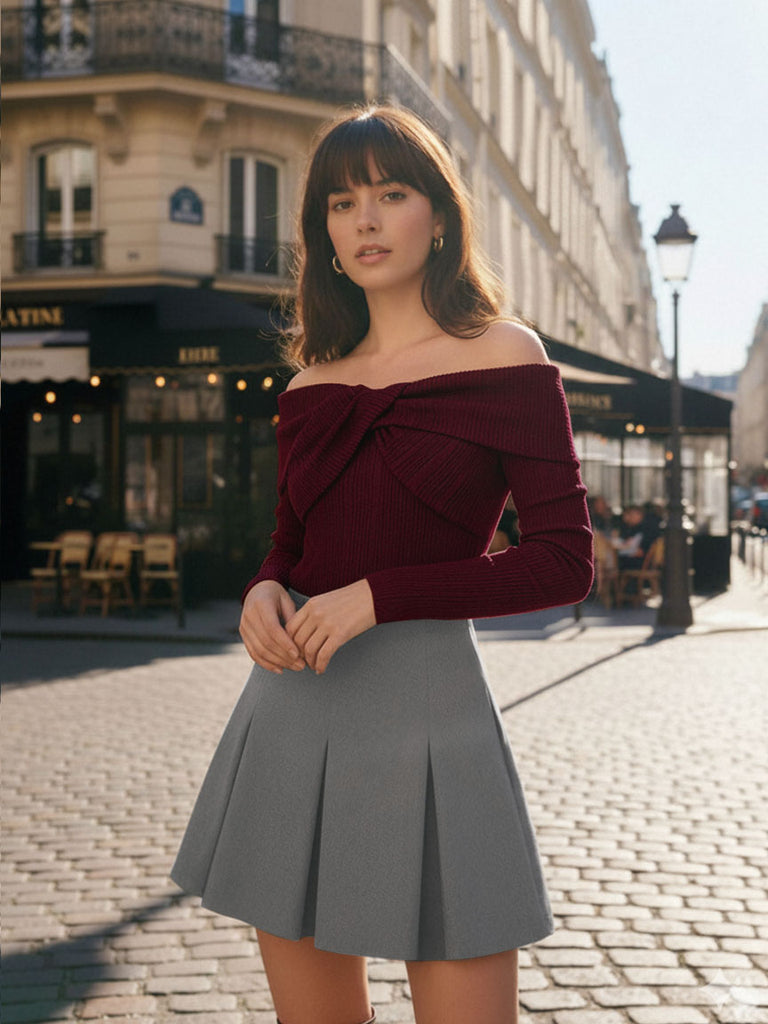 [Pre-Sale] 2PCS Red & Gray 1960s Twisted Knit Top & Pleated Skirt