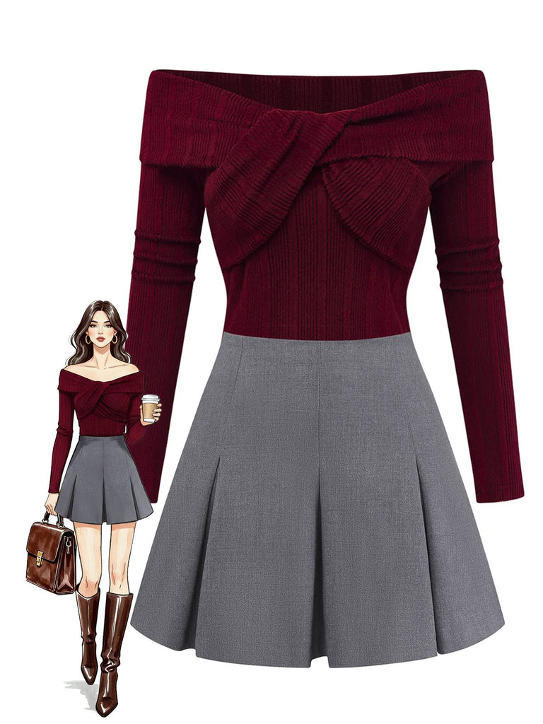 [Pre-Sale] 2PCS Red & Gray 1960s Twisted Knit Top & Pleated Skirt