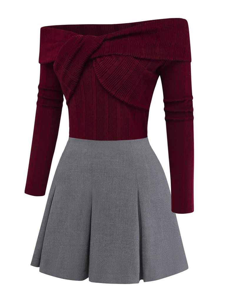 [Pre-Sale] 2PCS Red & Gray 1960s Twisted Knit Top & Pleated Skirt