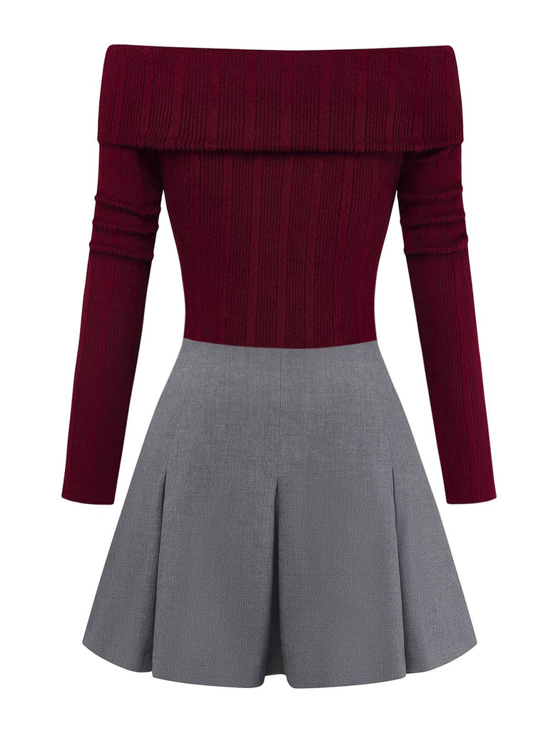 [Pre-Sale] 2PCS Red & Gray 1960s Twisted Knit Top & Pleated Skirt