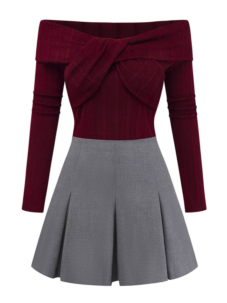 [Pre-Sale] 2PCS Red & Gray 1960s Twisted Knit Top & Pleated Skirt