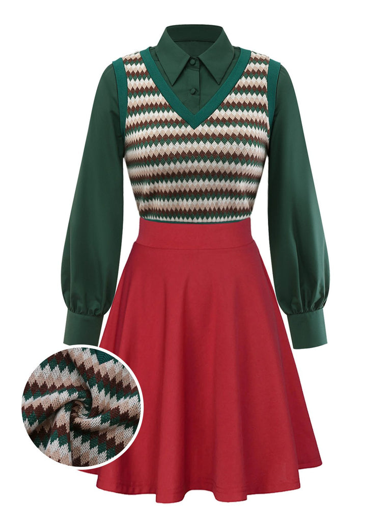 [Pre-Sale] 2PCS Green 1960s Diamond Check Knitted Vest Blouse & Skirt