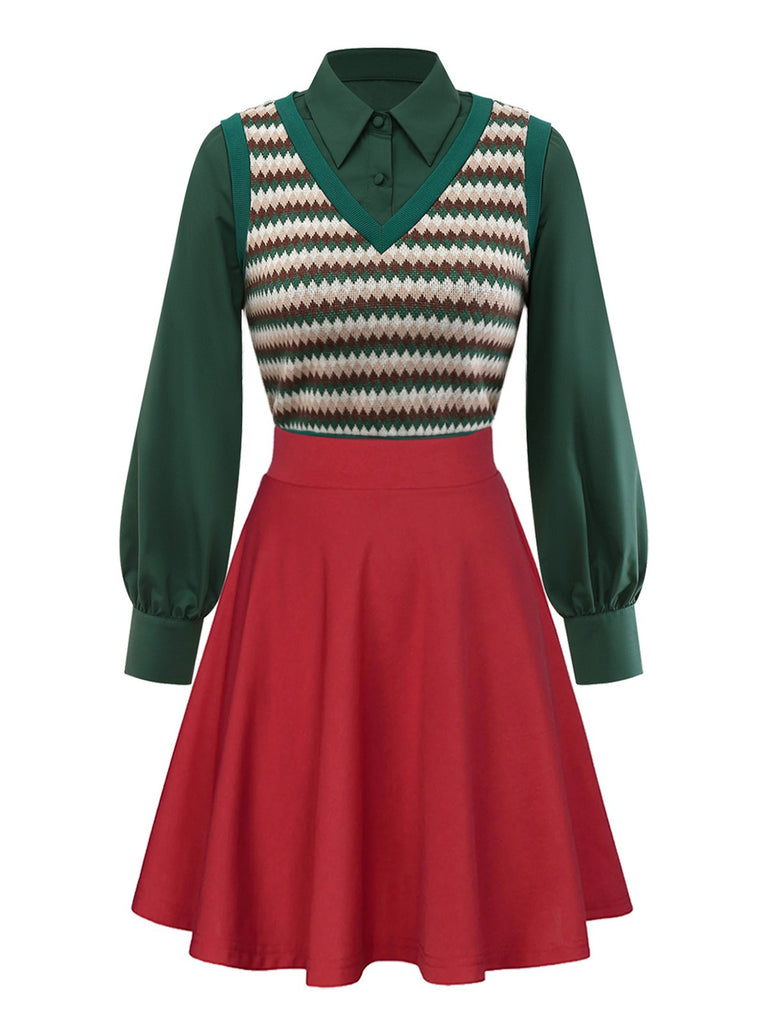 [Pre-Sale] 2PCS Green 1960s Diamond Check Knitted Vest Blouse & Skirt