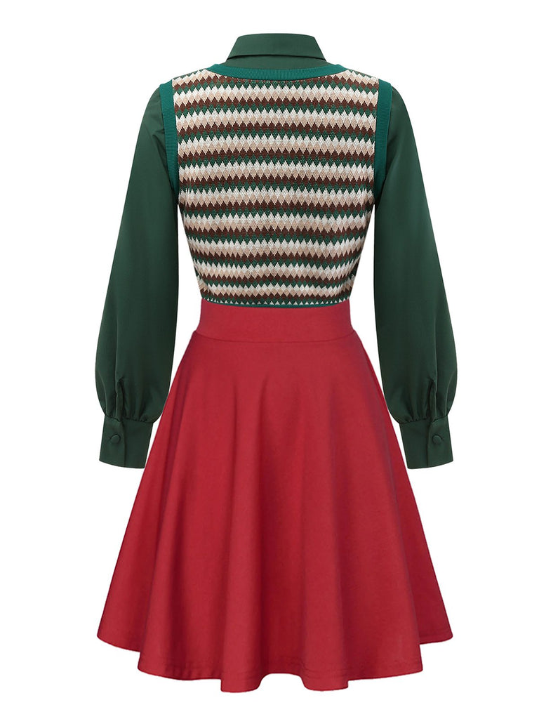 [Pre-Sale] 2PCS Green 1960s Diamond Check Knitted Vest Blouse & Skirt