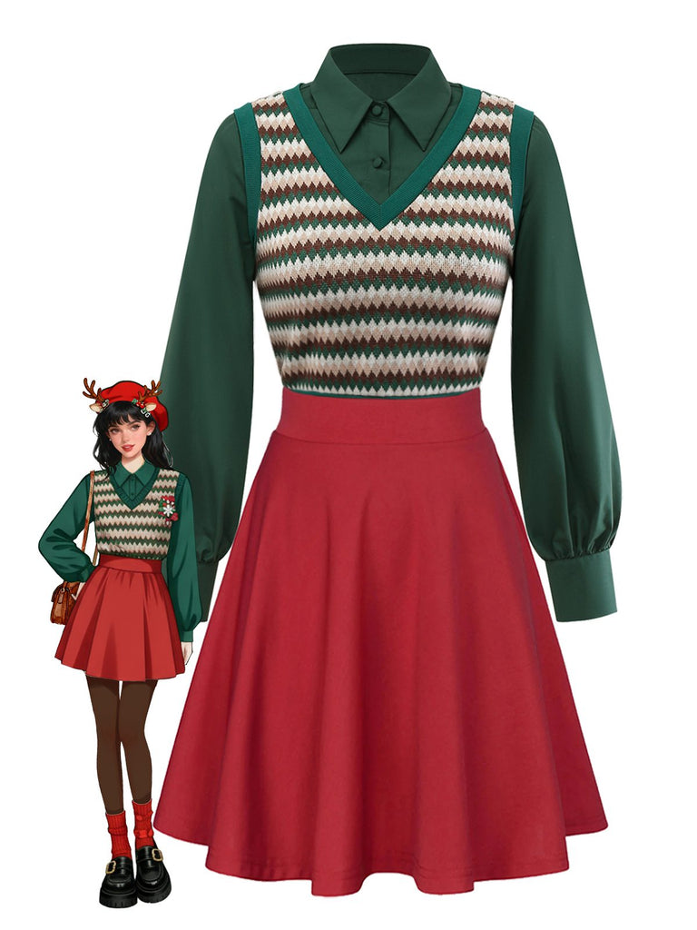 [Pre-Sale] 2PCS Green 1960s Diamond Check Knitted Vest Blouse & Skirt