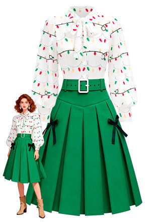 [Pre-Sale] 2PCS 1950s Christmas Lights Print Blouse & Pleated Skirt