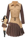 [Pre-Sale] 2PCS Khaki & Brown 1960s Plaid Patchwork Jacket & Pleated Skirt