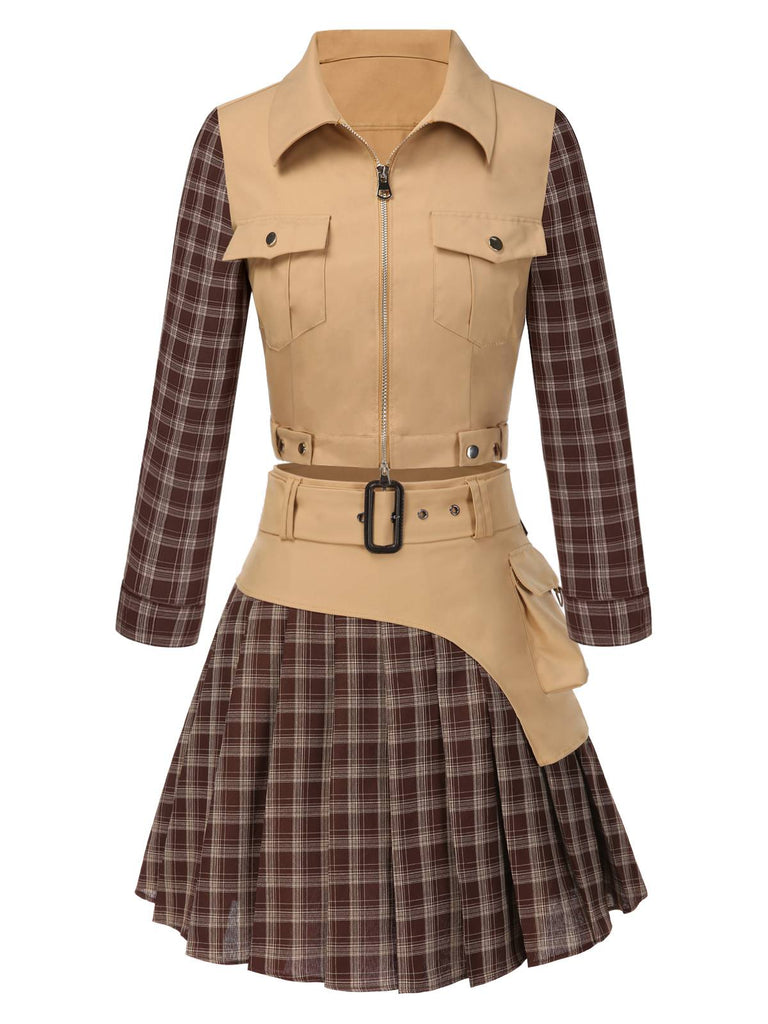 [Pre-Sale] 2PCS Khaki & Brown 1960s Plaid Patchwork Jacket & Pleated Skirt