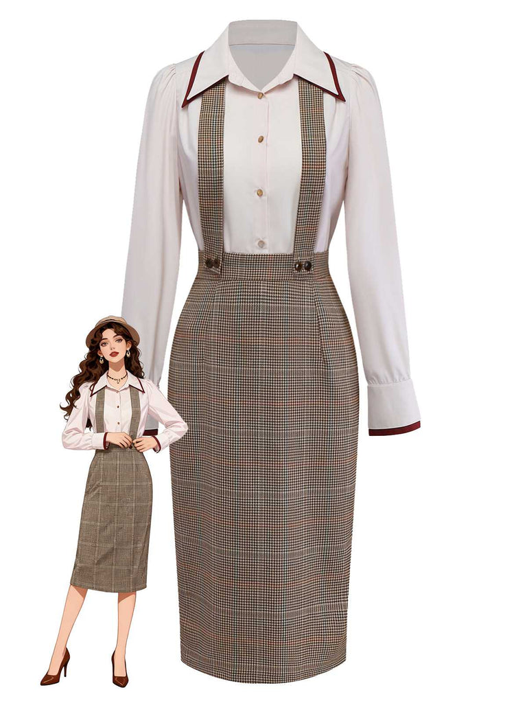 [Pre-Sale] 2PCS Beige 1960s Contrasted Blouse & Houndstooth Suspender Skirt