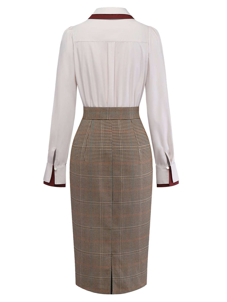 [Pre-Sale] 2PCS Beige 1960s Contrasted Blouse & Houndstooth Suspender Skirt