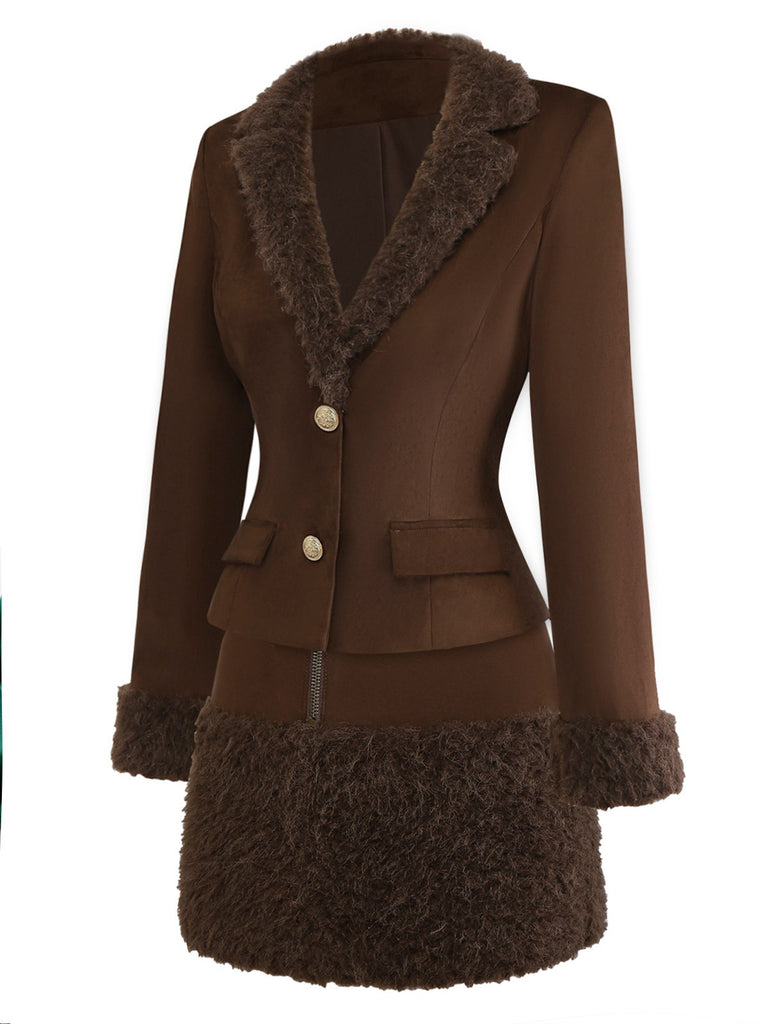 [Pre-Sale] 2PCS Dark Brown 1960s Faux Suede Fur Jacket & Skirt