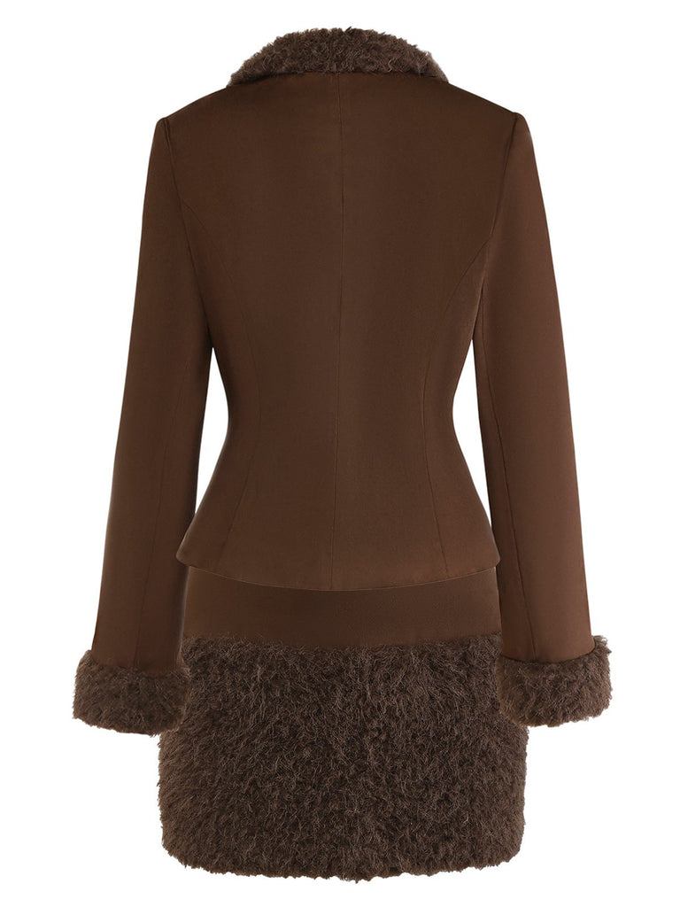 [Pre-Sale] 2PCS Dark Brown 1960s Faux Suede Fur Jacket & Skirt