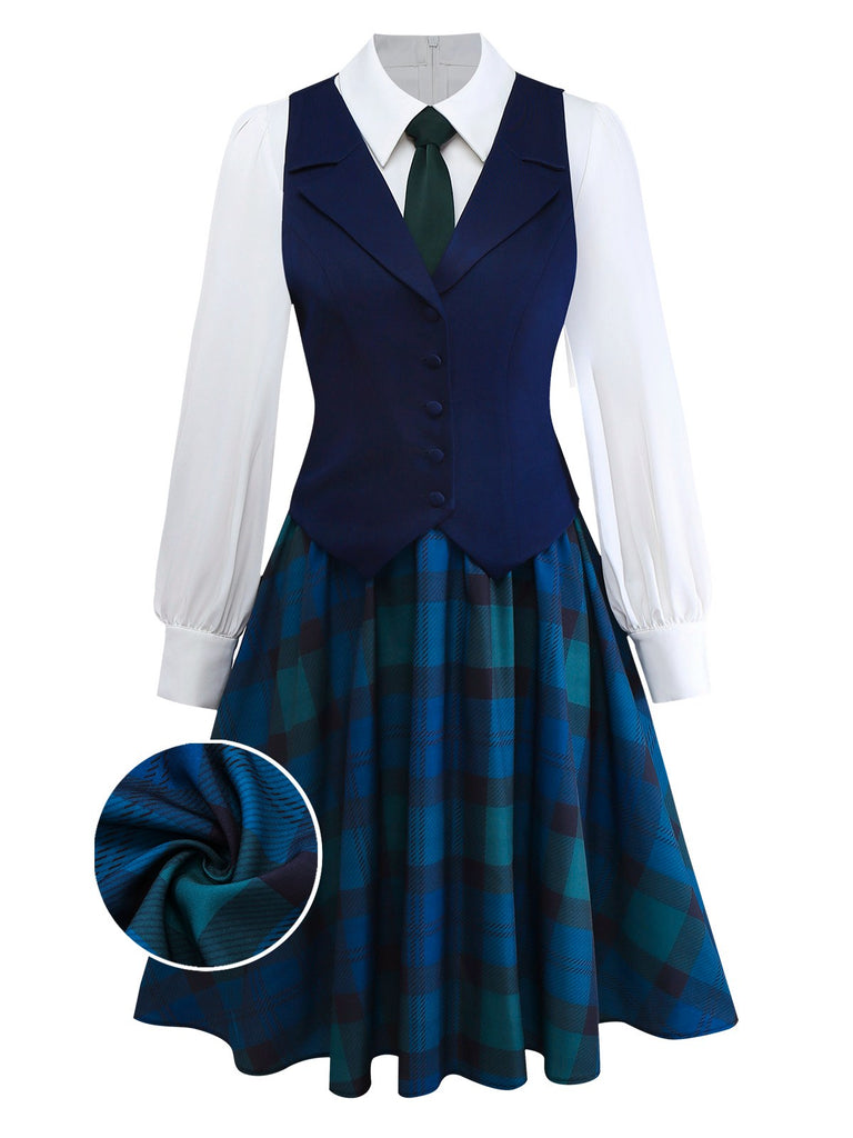 [Pre-Sale] 2PCS Dark Blue 1950s Lapel Vest & Plaid Dress