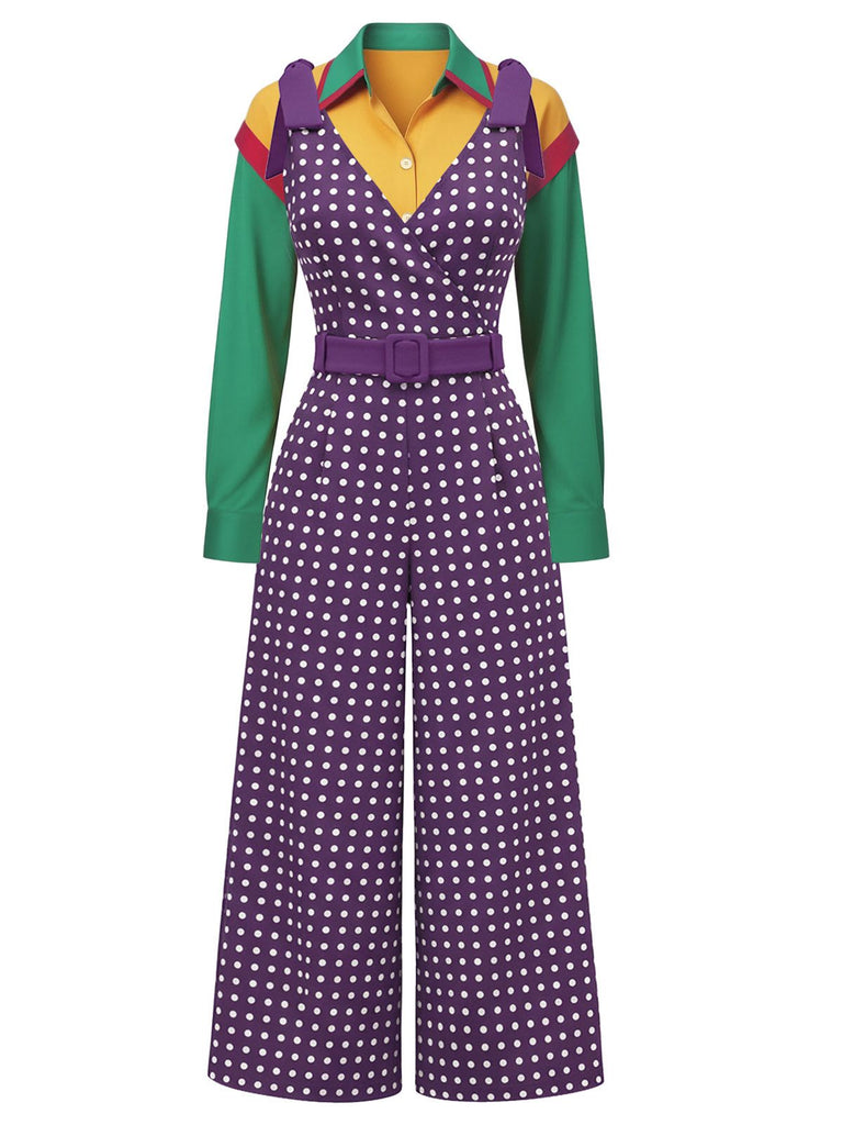 [Pre-Sale] 2PCS Multicolor 1970s Holly Blouse & Polka Dot Jumpsuit