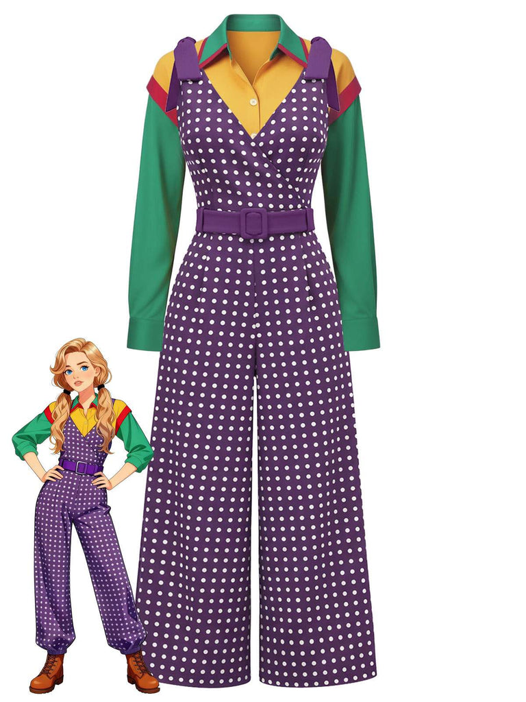 [Pre-Sale] 2PCS Multicolor 1970s Holly Blouse & Polka Dot Jumpsuit