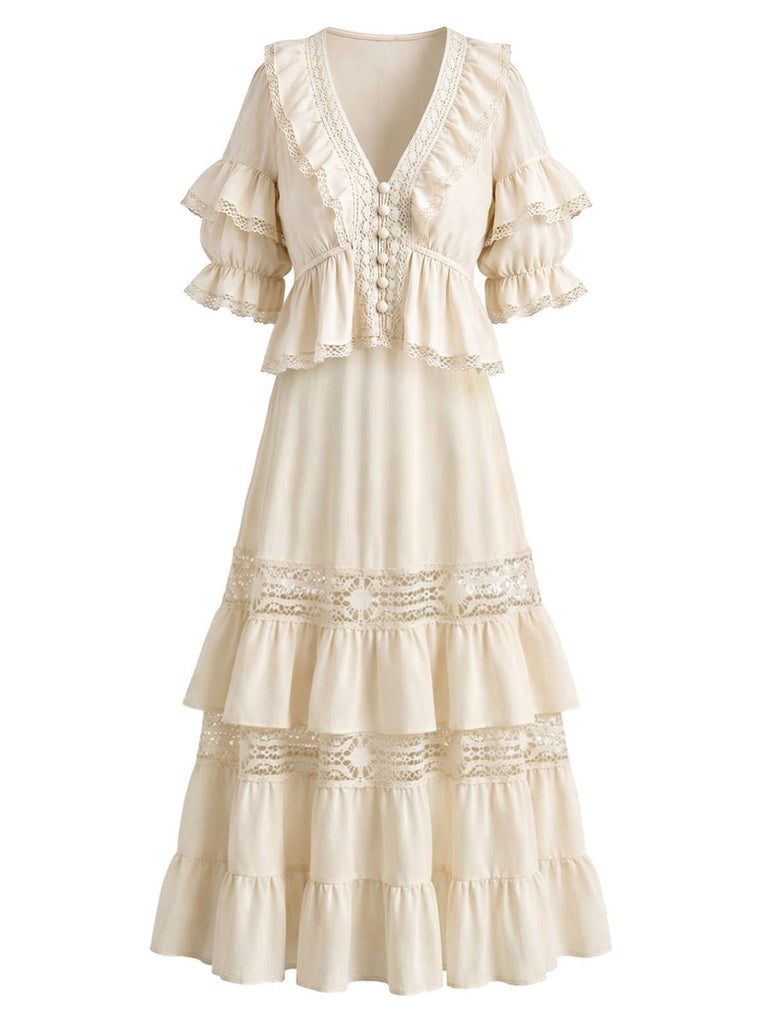 [Pre-Sale] 2PCS Beige 1970s Boho Ruffled Lace Blouse & Skirt
