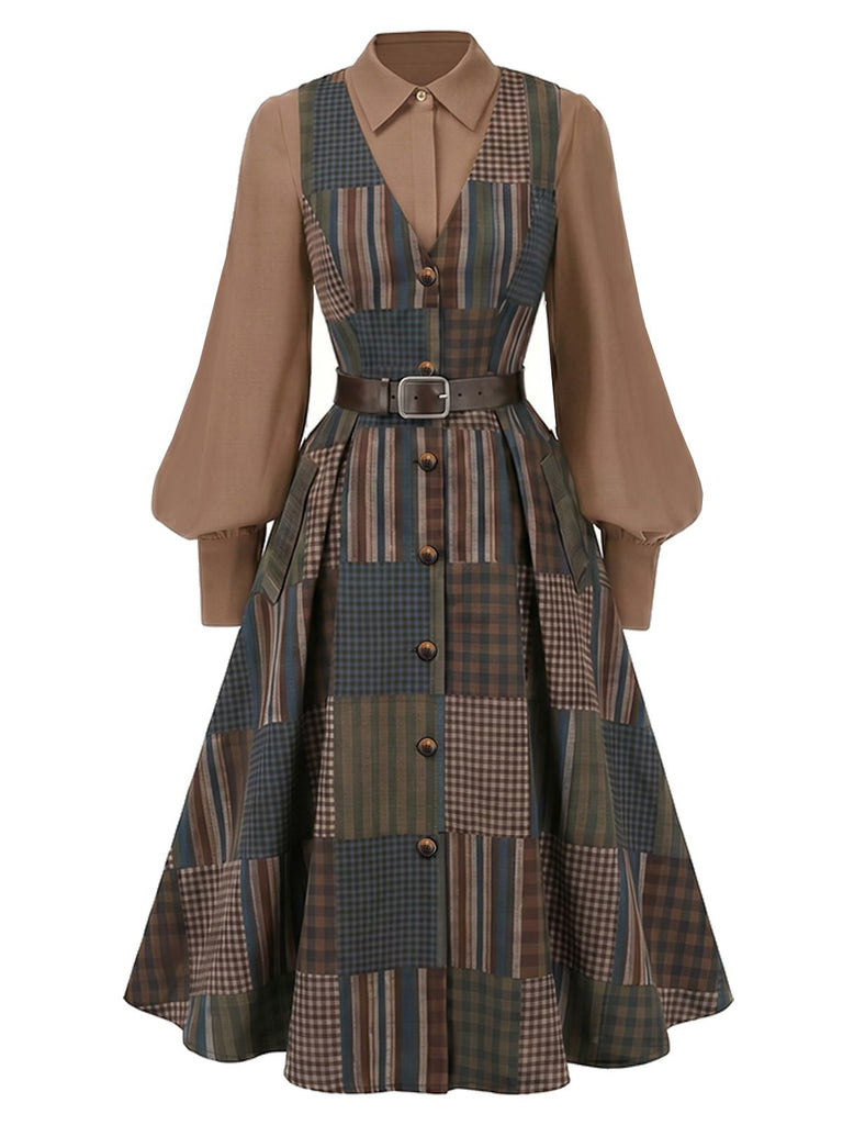 [Pre-Sale] Brown 1940s Patchwork Plaid Belted Sleeveless Dress & Blouse