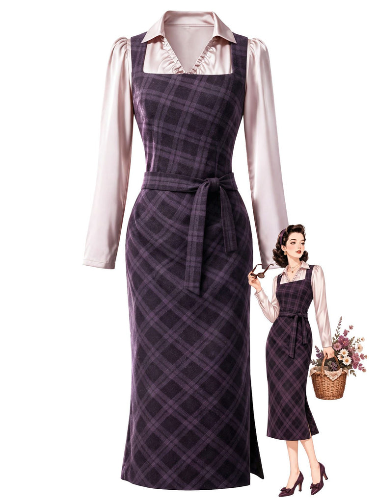 [Pre-Sale] 2PCS Purple 1960s Plaid Pencil Dress & Drawstring Ruched Satin Blouse